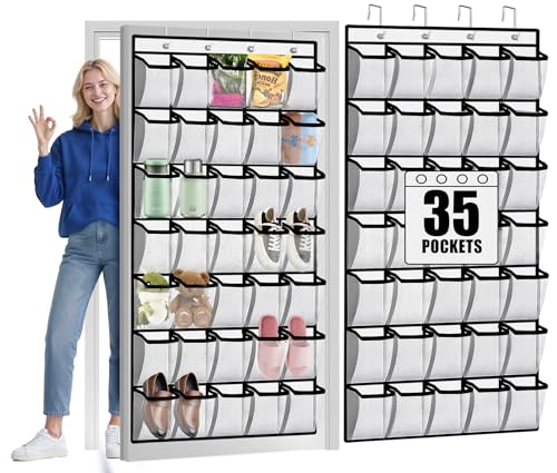 Aheroi 35 Pockets Large Over the Door Organizer, Breathable Mesh Pockets Shoe Organizer, Hanging Shoe Organizers Mesh Closet Shoe Holder Hanger Holds Up to 40 lbs, Space Saving Shoe Rack - color: White 35-1Pack, size: 35Pockets-1Pack