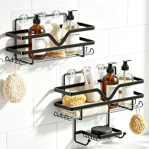 Shower Caddy 3 Pack - Shower Organizer Shelves Rack Rustproof No Drill Self Adhesive Shower Caddies with Soap Dish & Side Hooks for Bathroom Kitchen Storage, Black