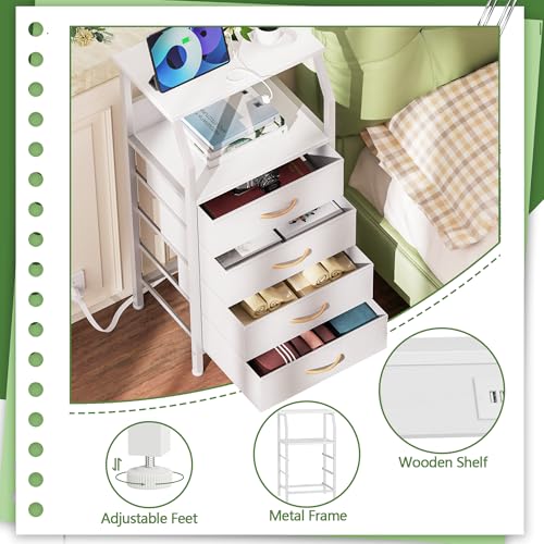 Furnulem Night Stand with Charging Station, Dresser with PVC & Fabric Drawers, 33.3 Inch Side Table with Open Shelf, Tall Bedside Table for Closet, Entryway, Bedroom Furniture, 3 Ways to Use, White - color: White, size: 4 Drawer