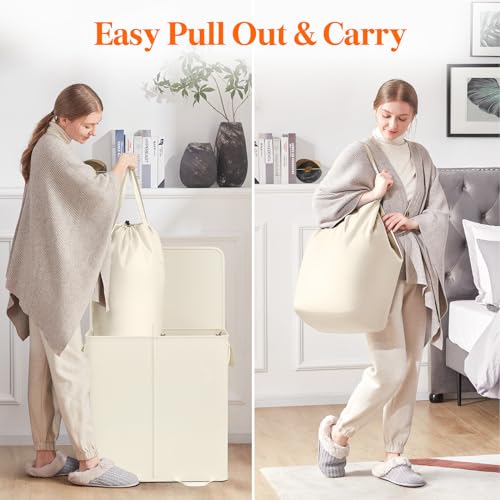 Lifewit Double Laundry Hamper with Lid and Removable Laundry Bags, Large Collapsible 2 Dividers Dirty Clothes Basket with Handles for Bedroom Laundry Room Closet Bathroom College, 136L Ivory White - color: Ivory White, size: 136L