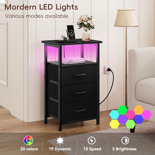 Vagusicc Night Stand with Charging Station, LED Nightstand for Bedroom, Bedside Table with 3 Fabric Drawers, End Table Side Table with USB Ports and Outlets, Bed Side Table for Bedroom, Black - color: Black, size: 1 Piece, style: With LEDs