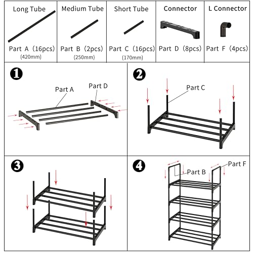 Metal Stackable Small Shoe Rack Organizer, Narrow Shoe Racks for Closets Entryway, Shoe Stand,Shoe Shelf with Handle(4-Tier-Black) - size: 4-Tier-Black