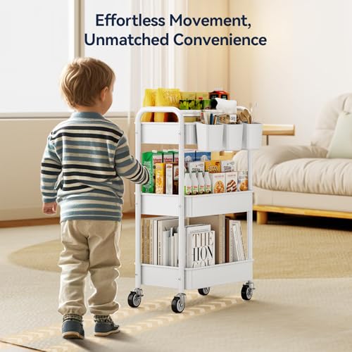 YASONIC Metal 3 Tier Rolling Cart - Heavy Duty Utility Cart with Lockable Wheels, Hanging Cups, Hooks, Mesh Rolling Storage Cart Craft Cart Organizer, Lightweight and Sturdy, White - color: White