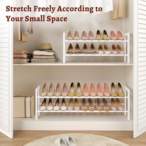 FAVOOSTY 2-Tier Expandable Shoe Rack, Adjustable Shoe Shelf Storage Organizer Space Saving Metal Free Standing Shoe Rack for Entryway Closet Doorway, White - color: White, size: 2 Tier