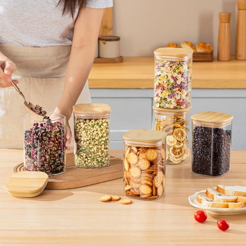 SENTVEND 37 Oz Glass Storage Jars with Bamboo Lids - 6 Pack Clear Glass Canisters Square Airtight Stackable Ideal for Pantry Storage Containers Organizers Great for Storing Oats Coffee Beans Nuts etc - color: 37 OZ-Clear