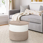 18" X18“ X 14" Large Storage Basket with Lid, Blanket Basket Living Room, Woven Cotton Rope Storage Box, Lidded Kids Dog Toy Bin, Wicker Laundry Basket, Blankets Pillows Organizer Holder - color: Brown/White