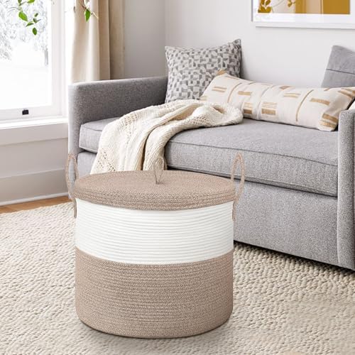18" X18“ X 14" Large Storage Basket with Lid, Blanket Basket Living Room, Woven Cotton Rope Storage Box, Lidded Kids Dog Toy Bin, Wicker Laundry Basket, Blankets Pillows Organizer Holder - color: Brown/White