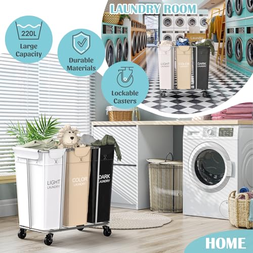 PLKOW Laundry Sorter 3 Section, 220L Large Laundry Cart with Wheels 3 Hamper Laundry Sorter with Steel Frame and Removable Bag, Rolling Laundry Cart for Home, Laundry Room, Hotel, 6 Bushel - color: White+Khaki+Black-220L