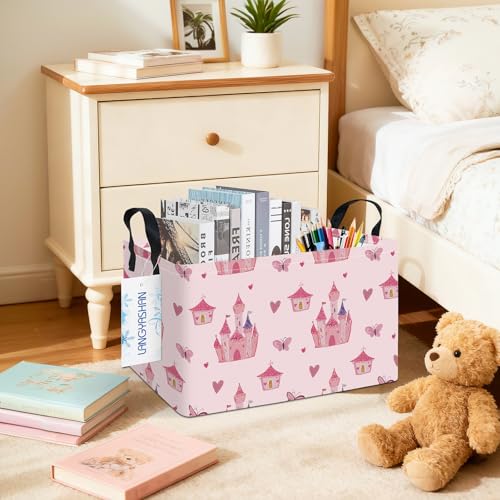 LANGYASHAN Rectangular Girl Storage Bin Collapse Canvas Fabric Cartoon Storage Basket with Handles for Organizing Home Kitchen Boys and Girls Toys Office Closet Shelf Baskets (Rec Pink Castle) - color: Rec Pink Castle