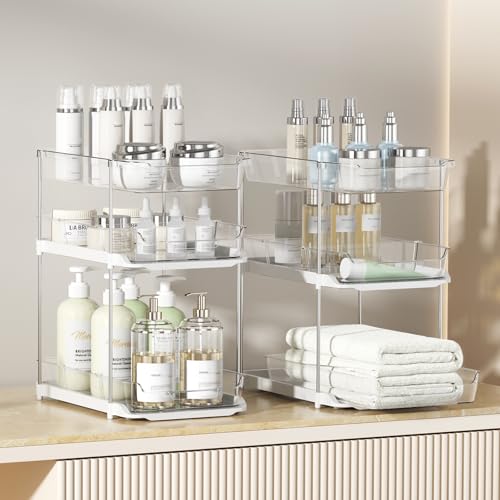 Delamu 2 Sets of 3-Tier Bathroom Under Sink Organizers and Storage, Multi-Purpose Stackable Pantry Organization and Storage, Pull Out Clear Kitchen Bathroom Cabinet Organizer with Movable Dividers | Storage, Multi-Purpose, Stackable, Pantry Organization,