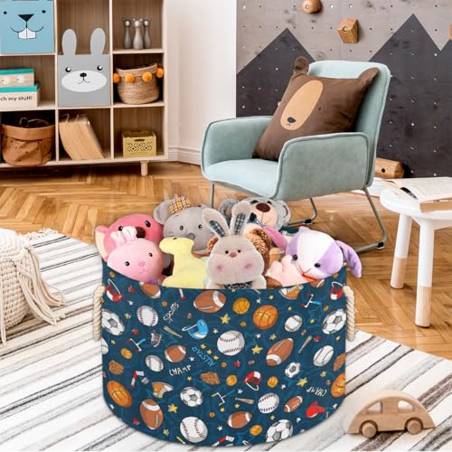 Large Round Storage Basket Sport Basktball Baseball Collapsible Circle Storage Bin Basket Laundry Hamper With Handle for Kids Boy Girls Toy Bedroom Living Room Nursery Room Decor Storage Organizer - color: B01:sport theme 1