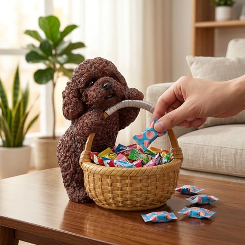 Vanity Jewelry Dish & Catchall Valet Tray for Bedroom Nightstand Featuring Red Poodle - Dog Statue Ring Holder & Candy Bowl - Aesthetic Animal Figurine Dresser Decor - color: Poodle Holding Basket - Red, size: Poodle