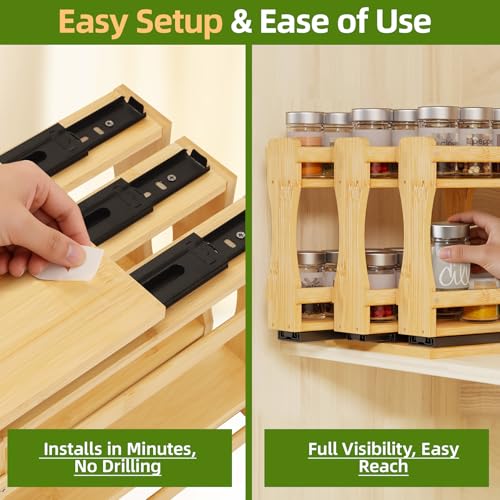 BAMEOS Pull Out Spice Rack Organizer for Cabinet, Bamboo Wide 7.7" Slide Out Seasoning Organizer for Kitchen, No Drill Anti-Tip Ball Bearing Silent Glides, Pantry Cabinet Organizer, Natural - size: 7.7" Wide, 3 Drawers