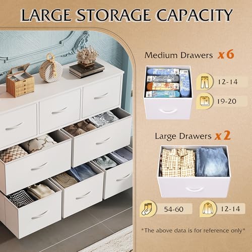 WLIVE 8 Drawer Dresser for Bedroom, Fabric White Dresser with Large Storage Drawer Unit for Entryway, Chest of Drawers for Living Room - color: White, style: Large 8 Drawers