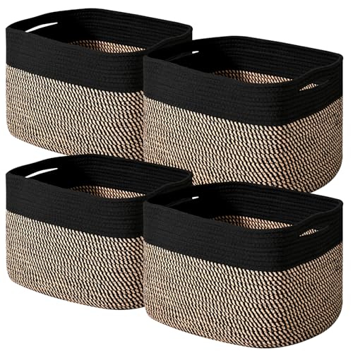 ICERZCZ Storage Baskets for Shelves Organizing, Woven Cotton Rope Baskets for Storage, Book Basket, Decorative Shelf Basket, 12.5"Lx9.1''Wx7.9''H (4 Packs) Black & Jute - color: Black & Jute, size: 12.5"(l)×9.1"(w)×7.9"(h)