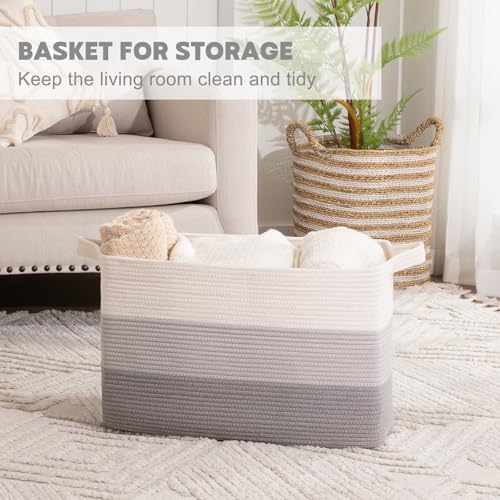 OIAHOMY Extra Large Blanket Basket, 95L Cotton Rope Woven Laundry Basket, Toy Bin for Baby Room, Container for Blanket Storage in Living Room, 24''×17''×14'', Gradient Grey - color: Gradient Grey, size: 95L