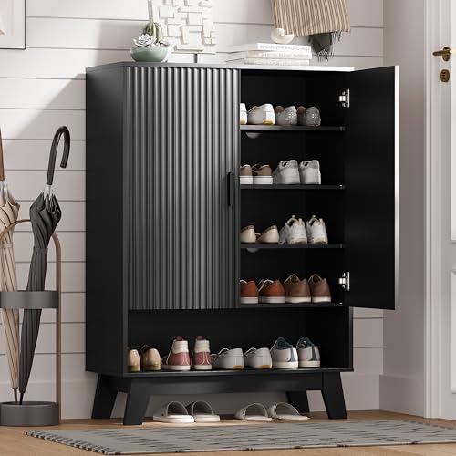 Shoe Cabinet Storage for Entryway with Doors, 5 Tier Fluted Shoe Organizer with Adjustable Shelves, Entryway Shoe Storage with Wooden Legs, Freestanding Hidden Shoe Rack for Front Door Entrance, Black - color: Black, size: 5 Tier