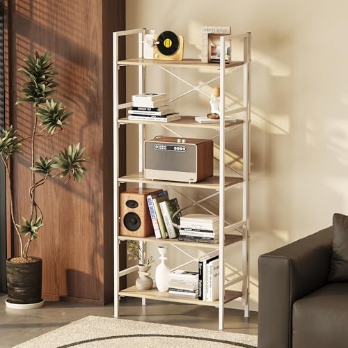 Folding Bookshelf,5 Tier Bookcase Foldable Shelf with X-Bracket Design, Adjustable Feet, Space Saving Storage for Living Room, Office, Light Coffee - color: Light Coffee, size: 5 Tier