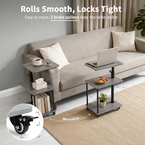 360° Swivel Side Table with Storage, Height Adjustable, Smooth-Rolling Wheels, C-Shaped End Table for Couch/Sofa, Recliner, Living Room, Grey Walnut-Look - color: Grey Walnut - Look