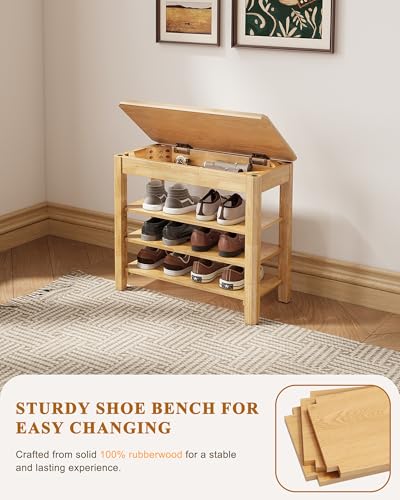 IUNVR Shoe Rack Bench Seat Rubberwood 3-Tier Wooden Storage Bench 550lbs Compact Mid-Century Modern Design for Entryway, Hallway, Closet, Front Door Entrance, Foyer - color: Natural-3 Tier(wood), size: 23.6"W x 11.8"D x 20.5"H