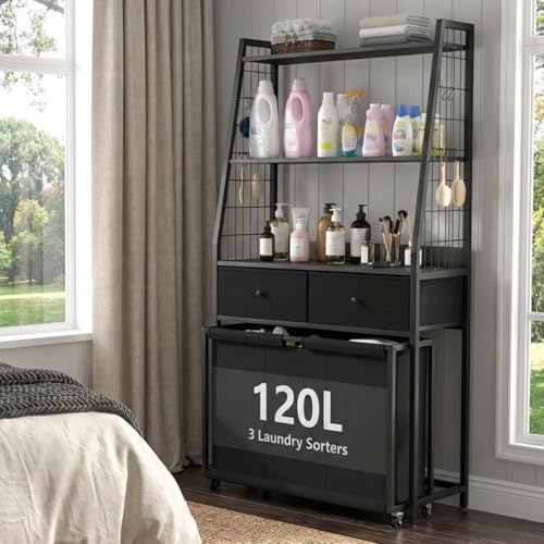 Gyfimoie Laundry Sorter with 2 Drawers, 3 Section Laundry Hamper with 2 Tiers Shelf,120L with Pull-Out Rolling Bags,Laundry Organizer for Laundry Room,Bathroom,Dorm (Black)