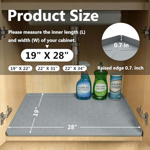 Mateeylife Under Sink Mats for Kitchen Waterproof 28"X19", Undersink Protectors，Silicone Mat Cabinet Liner, Under Sink Organizer for Bathroom and Kitchen，Boot Tray Pet Food Mat, Light Grey - color: Light Grey, size: 19''W x 28''L