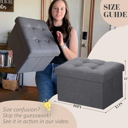 LINMAGCO Ottoman Storage Ottoman with Storage Small Foot Rest Stool Under Desk Stool Short Folding Footrest Linen Cloth Dark Gray 16X12X12IN - color: Grey(linen), size: 16"X12"X12"