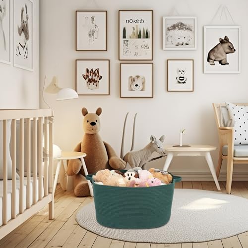 XUANGUO Large Rectangle Blankets Basket Living Room 22"x17"x12" Woven Cotton Rope Storage Basket for Nursery Toy Baskets for Kids and Dogs Wicker Laundry Baskets Bin for Clothes Towels dark green - color: Dark green