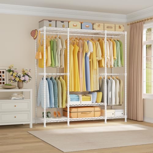 Ulif E3 Heavy Duty Garment Rack, 4 Tiers Freestanding Closet Organizer System with 5 Shelves, Metal Closet Organizer and Storage System for Clothes, Max Load 850lbs, 58.4"W x 15.7"D x 77.3"H, White - color: White