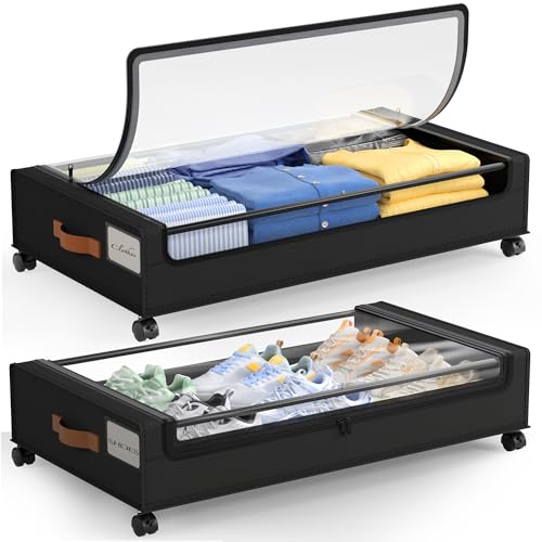 LAMU Under Bed Storage with Wheels, 2 Pack Under Bed Storage Containers with Clear Lid, XXL 60L Underbed Storage Bins, Rolling Under Bed Metal Drawers for Clothes, Blankets, Shoes, Black - color: Black, size: 2 Pack