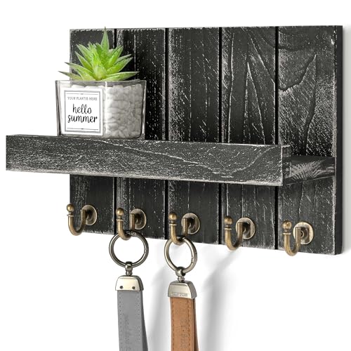 Rebee Vision Pine Wood Key Holder Wall Mount with Shelf – Farmhouse Key Holder for Wall & Sunglass Organizer for Entryway – Perfect for Living Room Decor (3.54" x 10" x 7.28", Old Black) - color: Old Black, size: 10 Inch