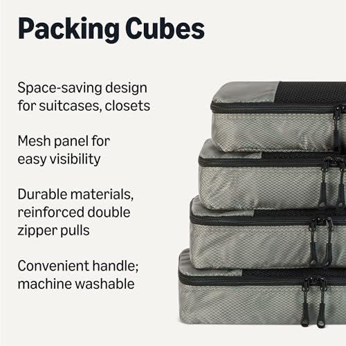 Amazon Essentials 4-Piece Slim Packing Cubes, Travel Accessories Set, Luggage Organizer, Suitcase Organizer with Double Zipper, Mesh Top, Space-Saving, Gray (Previously Amazon Basics) - color: Gray, size: 4 x Slim