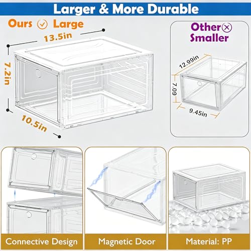 Thickened Clear Shoe Storage Organizer with Magnetic Door, Sturdy Stackable Shoe Boxes for Closet, Collapsible Space-Saving Shoe Rack for Sneakers & Boots, Plastic Shoe Cabinet Box Set, 6 Pack, White - color: White, size: 6 pcs