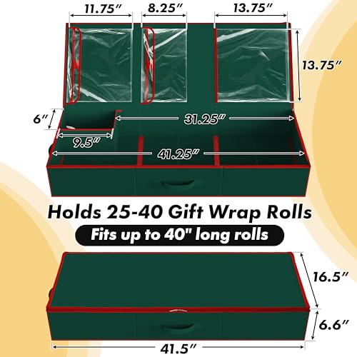 Simple Houseware 41.5" Wrapping Paper Storage Organizer - Fits 40 Rolls with Adjustable Straps, Interior Divider for Ribbons & Bows, 3 Clear Pockets for Gift Bags & Tools, 41.5''L x 16''W, Green - color: Green