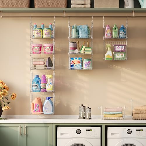 Sonyabecca 5-Tier Hanging Laundry Basket Organizer: Foldable Wire Shelf Basket with 4 Large Hooks 1.65" & 360°Rotating Hooks – Space-Saving Laundry Room Organization for Wardrobe Closet, White Patent - color: White, size: 5-Pack 13.7*11*60inch
