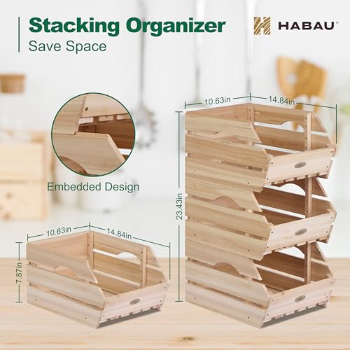 HABAU Wood Potato Onion Storage Bins - Wooden Stackable Produce Basket - Fruit Vegetable Storage for Kitchen Pantry Organization, Set 3 Pieces - color: Natural