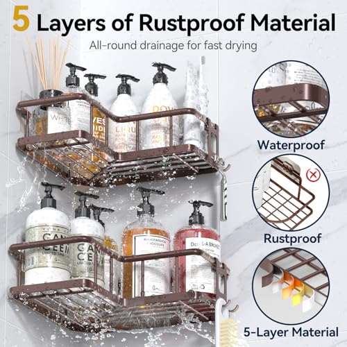 YASONIC Shower Caddy Corner, 3-Pack Adhesive Rustproof Stainless Steel Shower Shelves with Soap Holder, No Drilling Shower Organizer Corner for Dorm, Renters Bathroom, Bronze - color: Bronze, size: 3Pack