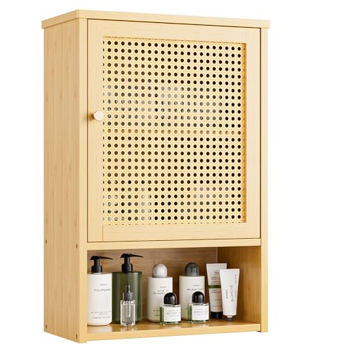 Bathroom Wall Cabinet, Bamboo Over-The-Toilet Storage Organizer with Rattan Doors and Adjustable Shelf, Space Saver Medicine Cabinet for Laundry, Kitchen, Living Room (Natural) - color: Natural