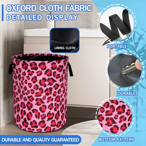 Pink Leopard Laundry Basket Oxford Cloth Funny Cheetah Skin Laundry Hamper With Handle Foldable Portable Clothes Storage Basket 18.9 X 16.5 In Storage Bag For Laundry Room/Bathroom/Bedroom/Dormitories - color: Pink Leopard