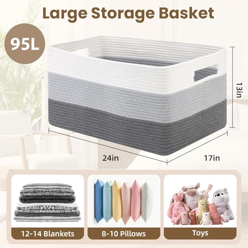 Optish 95L Large Blanket Basket, Woven Storage Baskets with Reinforced Handles, Rope Laundry Basket for Living Room, Bedroom, Nursery, Toys, Clothes, Pillows, 24” x 17” x 13.5”, White & Grey - color: White & Grey, size: 24" x 17" x 13.5"(95L)