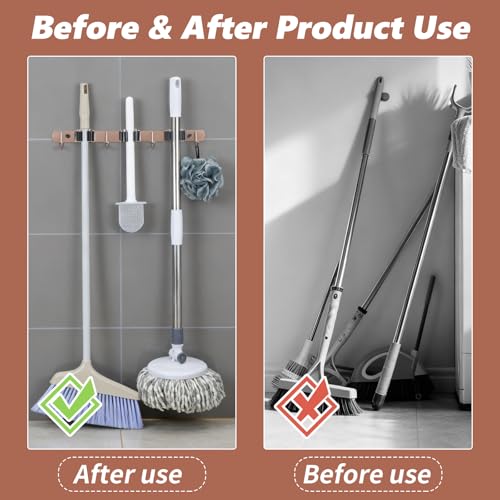 3 Racks and 4 Heavy Duty Hooks Mop and Broom Holder Wall Mount, Stainless Steel Broom Organizer Storage Utility Tool Racks for Home, Kitchen, Garage, Laundry Room. Rose Gold - color: Rose Gold