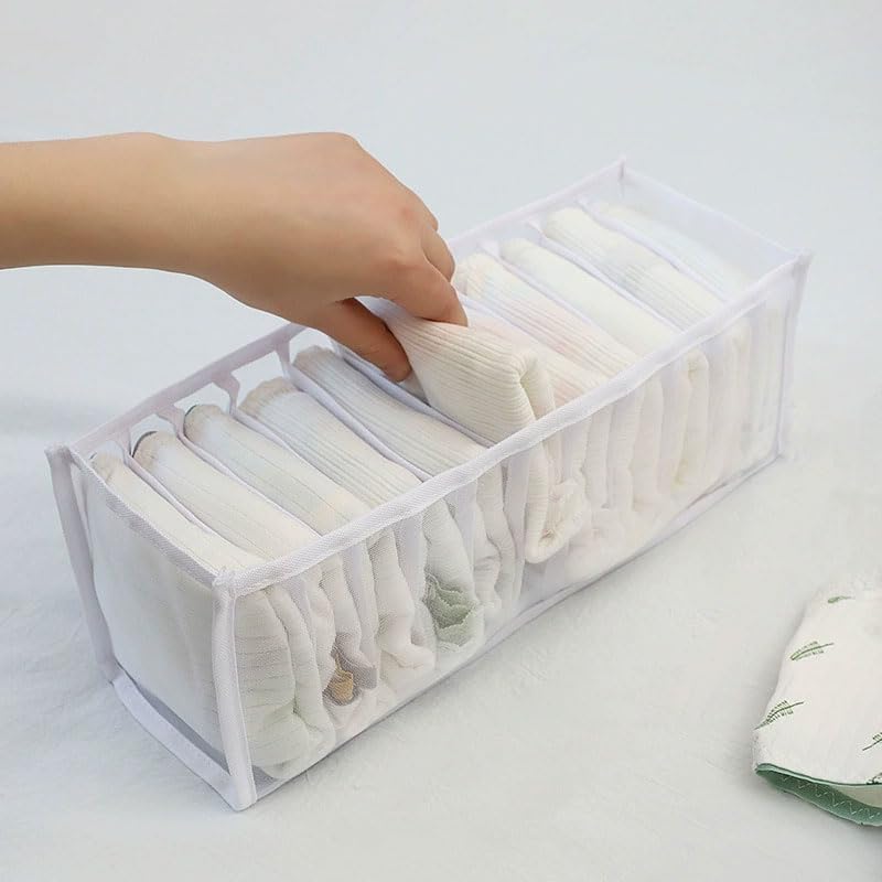 Socks Drawer Organizer Dividers, Foldable 11 Cell Drawer Organizers, Mesh Clothing Organizer Box for Socks Underwear,White - color: White