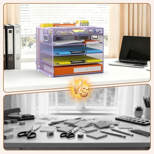 Docnest 5 Tier Letter Tray with Hanging File Organizer-Mesh Desk Organizer-Desktop Storage Box Built in Pen Holder and Handles, File Folder Holder for Mail Documents Office Supplies-Purple - color: 5 Tier Hanging File Organizer-purple