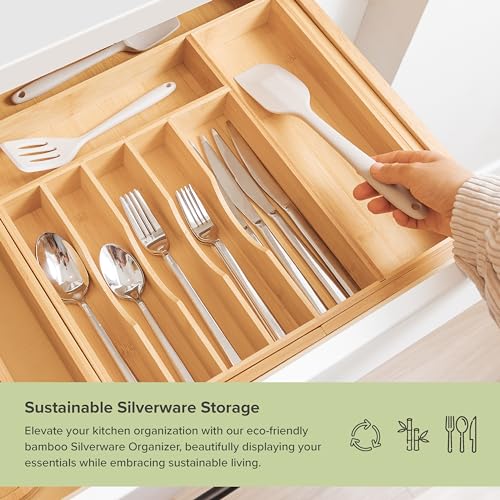 KitchenEdge Premium Silverware, Flatware and Utensil Organizer for Kitchen Drawers, Food-Safe Contract Grade, Expandable from 16 to 28 In, Natural Bamboo - color: Natural Bamboo, size: From 16" to 28" wide
