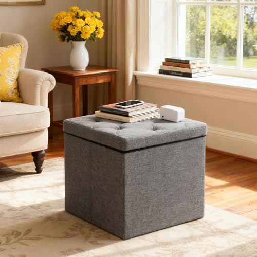 15'' W Storage Ottoman Bench, Folding Storage Bench Ottoman, for Bedroom, Living Room, and Utility Room, Grey - size: 15"D x 15"W x 15"H