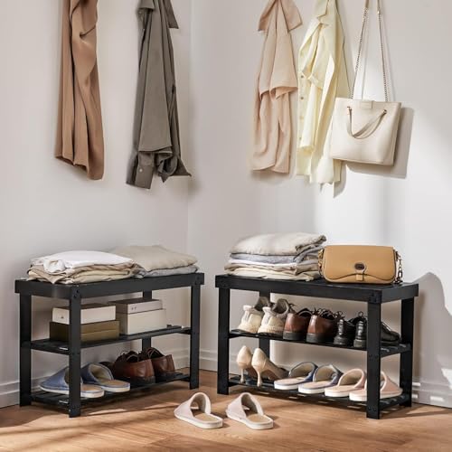 Pipishell Bamboo Shoe Rack Bench, 3 Tier Sturdy Shoe Organizer, Storage Shoe Shelf, Holds up to 300lbs for Entryway Bedroom Living Room Balcony, Black - color: Black
