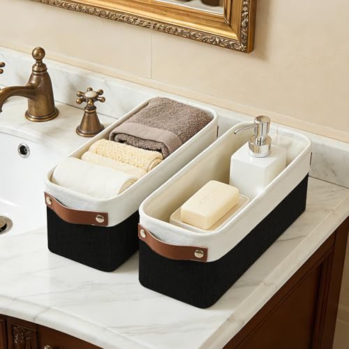 Bagnizer Small Fabric Storage Baskets, 15x6x5 inch Narrow Storage Bins 4-Pack Long Storage Basket for Organizing with Handles, Decorative Basket for Closets, Shelves, Toilet Paper, Black - color: Black / Off-White, size: Narrow-15"x6"x5"