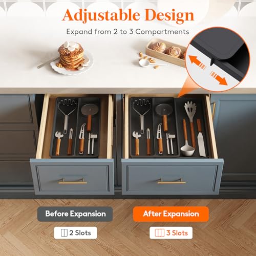 Lifewit Utensil Organizer for Kitchen Drawer, Expandable Cooking Silverware Tray, Adjustable Cutlery Flatware Holder, Plastic Spatula Tools Storage Divider, 14.4 x 15.8", Black - color: Black, size: 14.4*15.8*1.8 inch (3 Slots)
