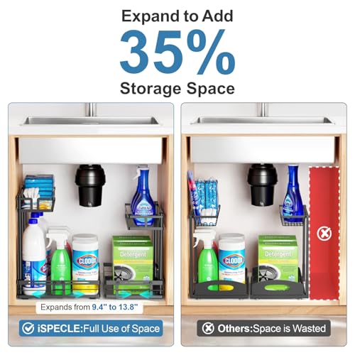iSPECLE Under Kitchen Sink Organizer, 2 Pack L-Shaped Height Adjustable Pull-Out Cabinet Organizer for Center-Mounted Garbage Disposal & Plumbing, Heavy-Duty Sliding for 30-36 Inch Wide Sink Cabinets - color: Two Black, size: Under Sink