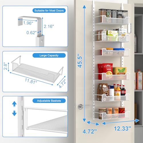 VyGrow 12.3" W Narrow Over the Door Pantry Organizer, 6-Tier Over the Door Organizer with Adjustable Basket, Pantry Door Organization for Pantry Kitchen Storage Room Spice Rack, White - color: White, size: 12.3"W 6-Tier